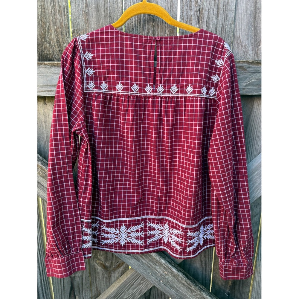 Crown & Ivy Red Plaid Embroidered Long Sleeve Blouse Top Large Boho Cottagecore - Picture 5 of 8